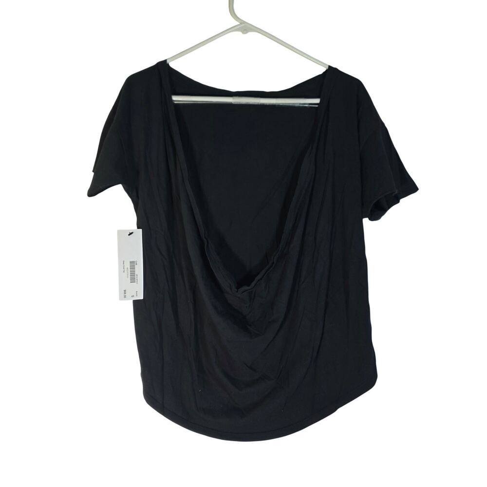OAK Black Cowl Neck Top Short Sleeve Draped Front Womens Size S
